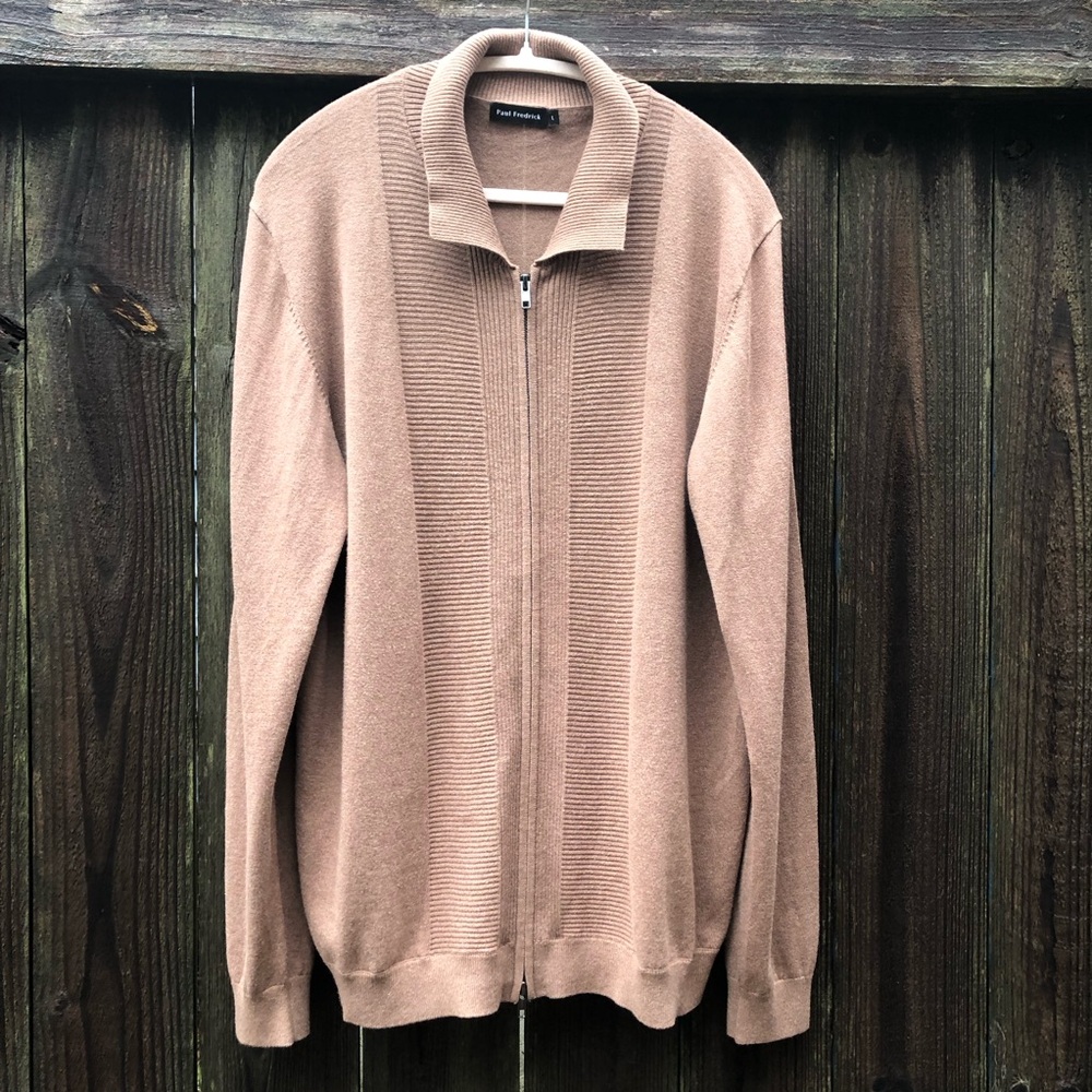 Paul Fredrick Men’s Zip Front Cardigan Silk Cotton Cashmere Tan Size L